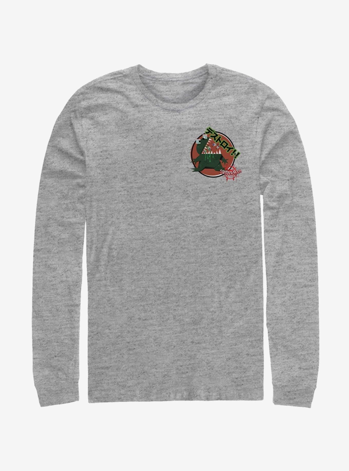 Marvel Spider-Man Into The Spider-Verse Godzilla Sticker Pocket Long-Sleeve T-Shirt | Graphic T-Shirt for Unisex