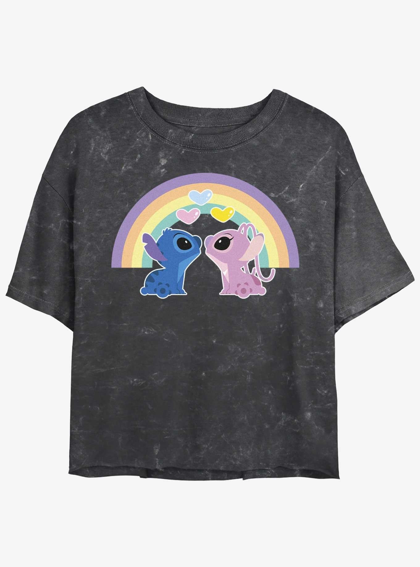 Cartoon Lilo Stitch Angel Stitch Love The Rainbow Mineral Wash Girls Crop Shirt T Shirt Gift Ready