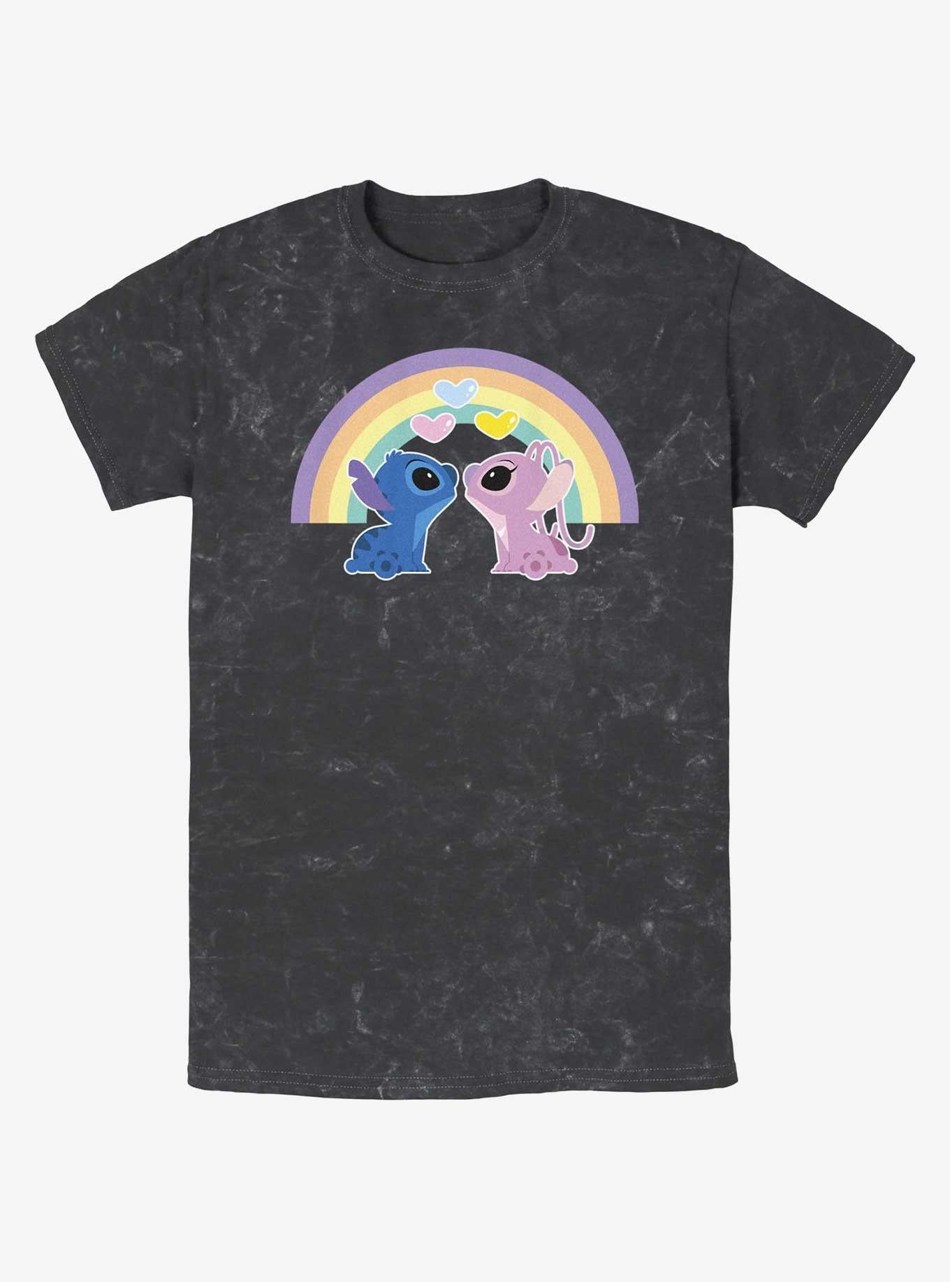 Cartoon Lilo Stitch Angel Stitch Love The Rainbow Mineral Wash Shirt T Shirt Minimal Style