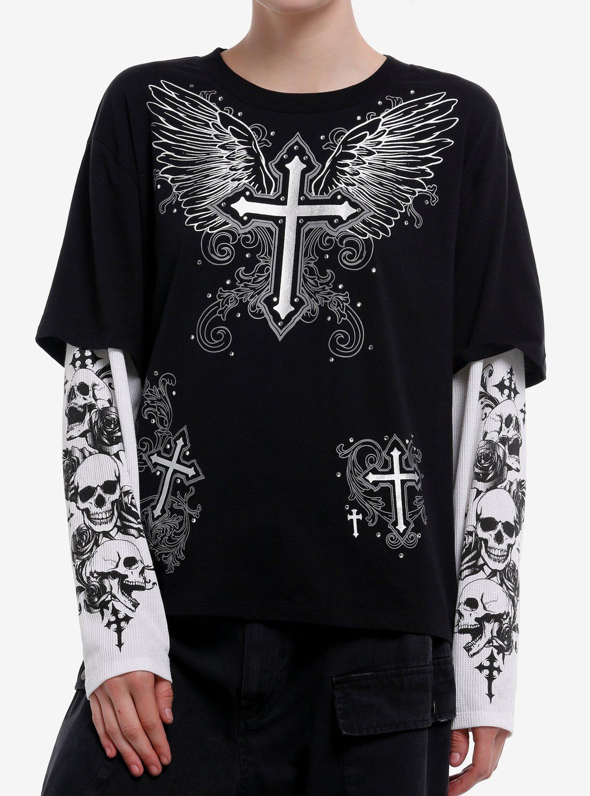 Black & White Winged Cross Skulls Girls Long-Sleeve T-Shirt