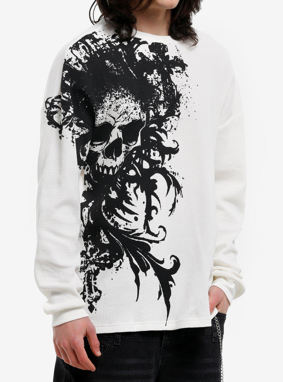 White & Black Skull Thermal Long-Sleeve T-Shirt