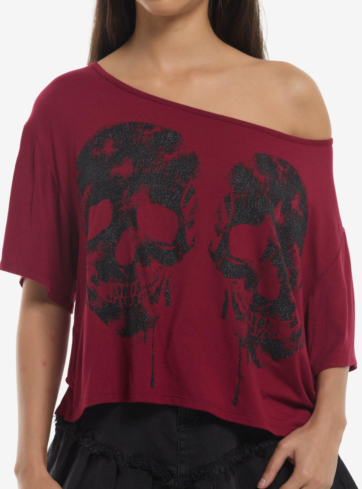 Maroon & Black Glitter Skull Girls Off-Shoulder T-Shirt