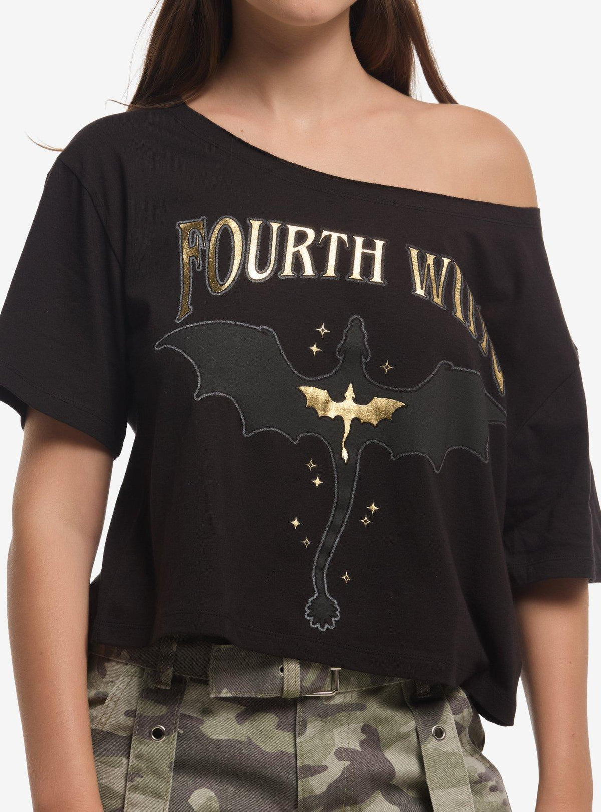 Fourth Wing Dragons Gold Foil Girls Off-Shoulder T-Shirt