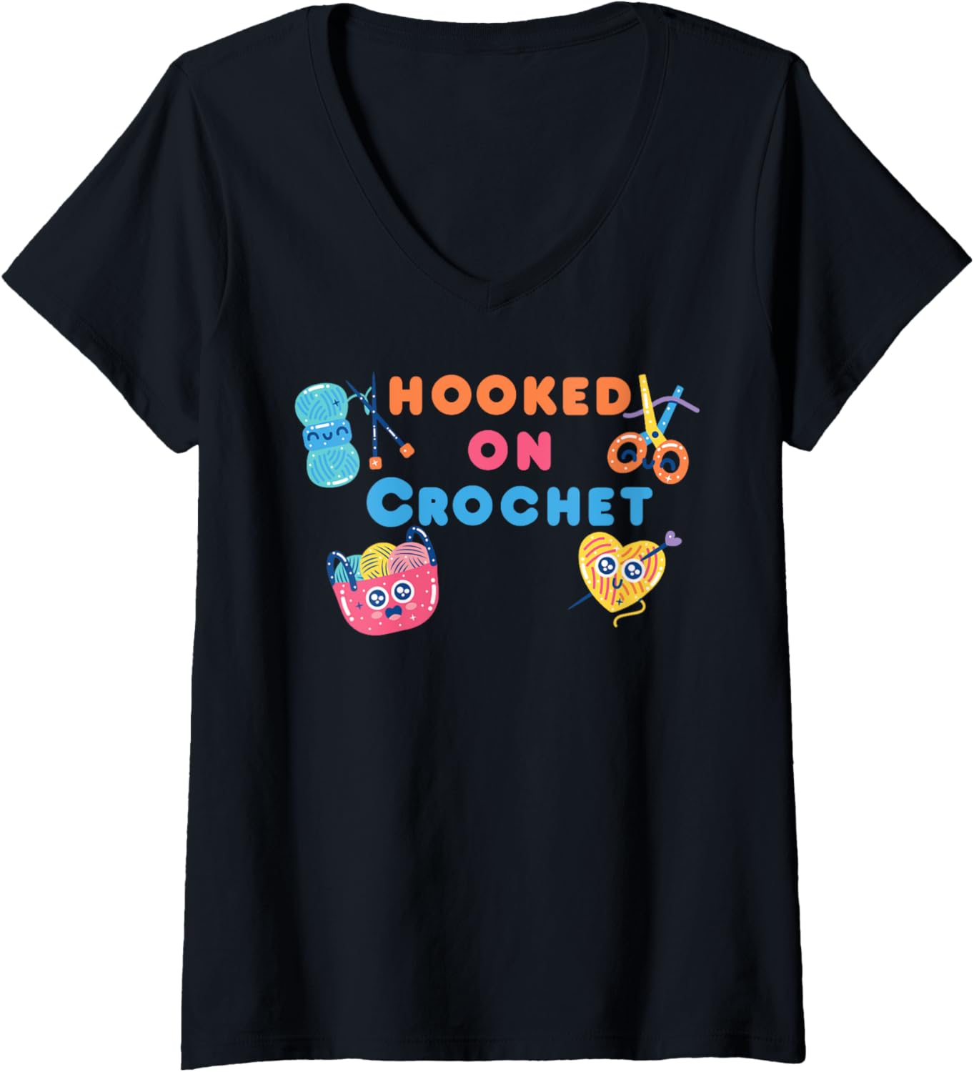 Womens Hooked on Crochet Yarn and Crochet Saying V-Neck