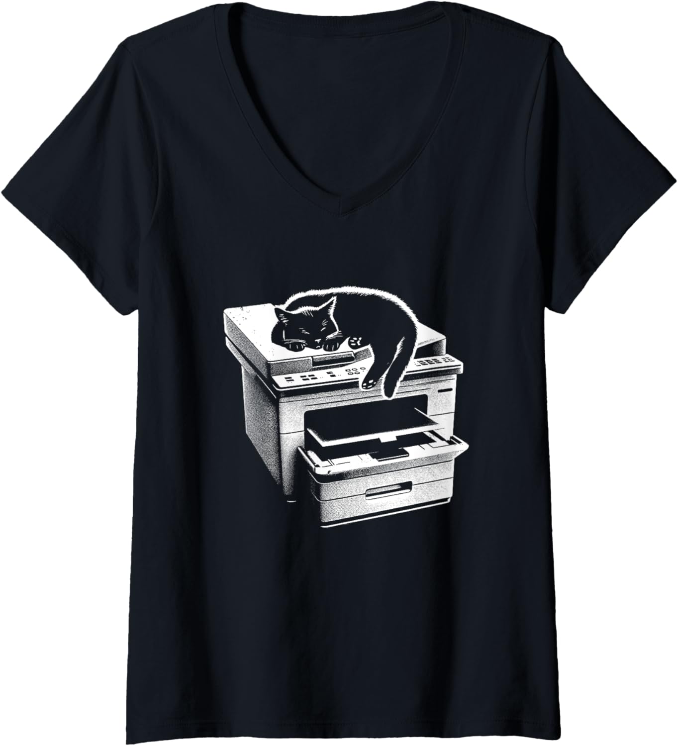 Womens Office Cat Sleeping On Printer Cute Cat Kitten Lover V Neck