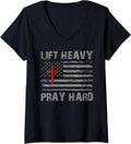 Womens Christian American Flag Shirt For Men Lift Heavy Pray Hard V Neck