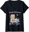 Womens Funny Yarn Quote Easily Distracted by Books and Yarn Reader V-Neck