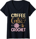 Womens Coffee Cats Crochet Funny Yarn Lover Crocheting Enthusiast V-Neck