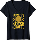 Womens I Practice Stitch Craft Funny Knitting Yarn Graphic V-Neck