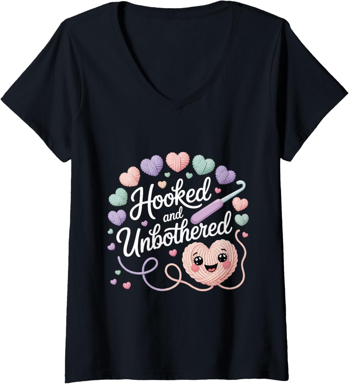Womens Hooked and Unbothered Chill Crochet Mood Yarn Lovers Crafter V-Neck