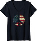 Womens Distressed American Flag Peace Sign Equality Patriotic V Neck