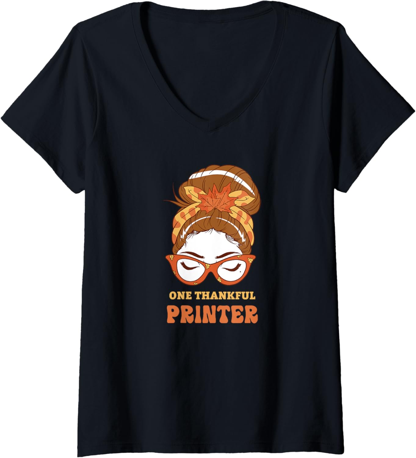 Messy Bun Printer Thanksgiving Woman V Neck