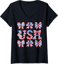 Womens Coquette Red White Blue Patriotic Bows Retro July 4Th Usa V Neck