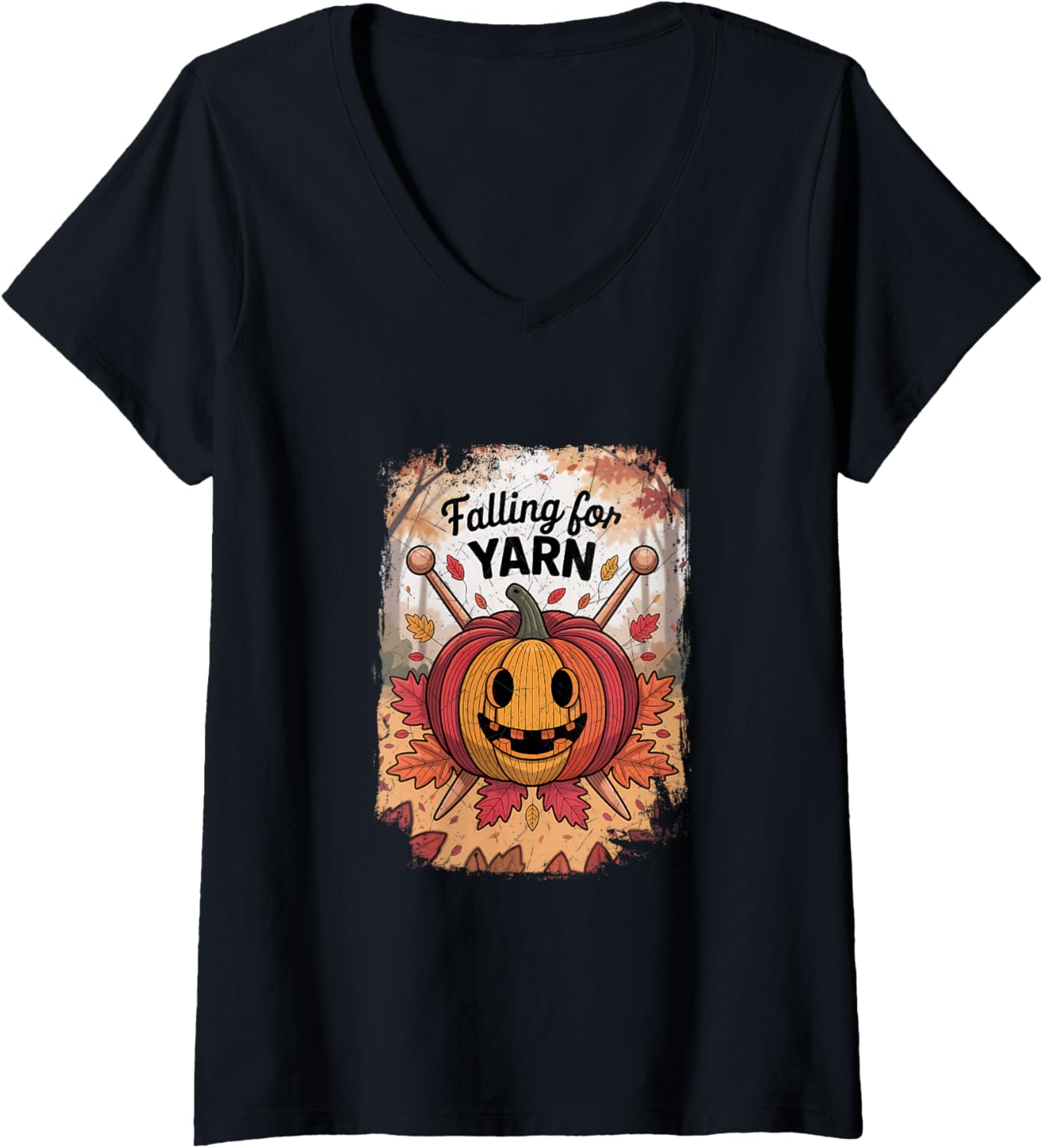 Womens Falling for Yarn Knitting, Cute Autumn Pumpkin Yarn V-Neck
