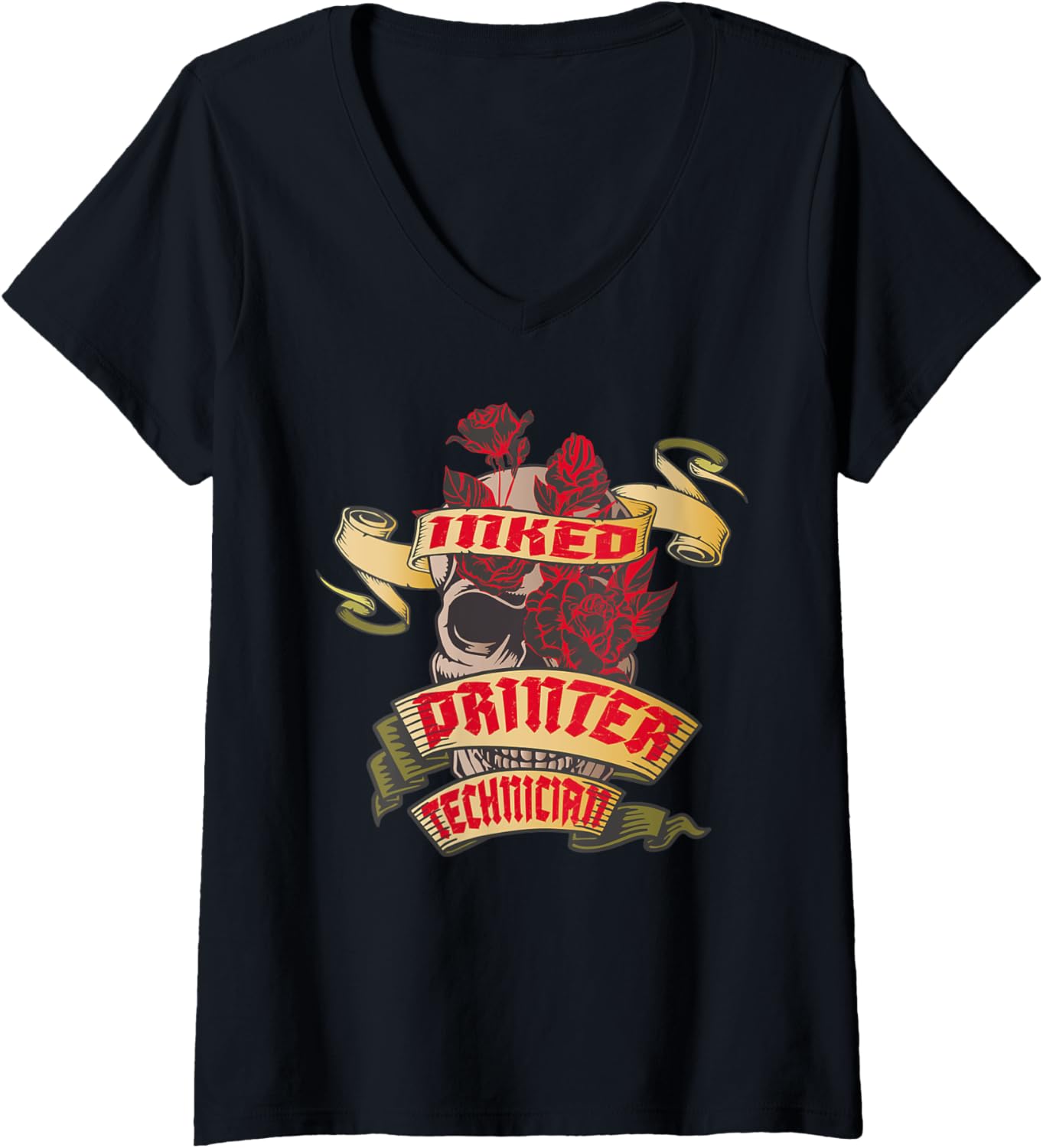 Womens Printer Technician Inked Skull Red Roses Tattoo V Neck