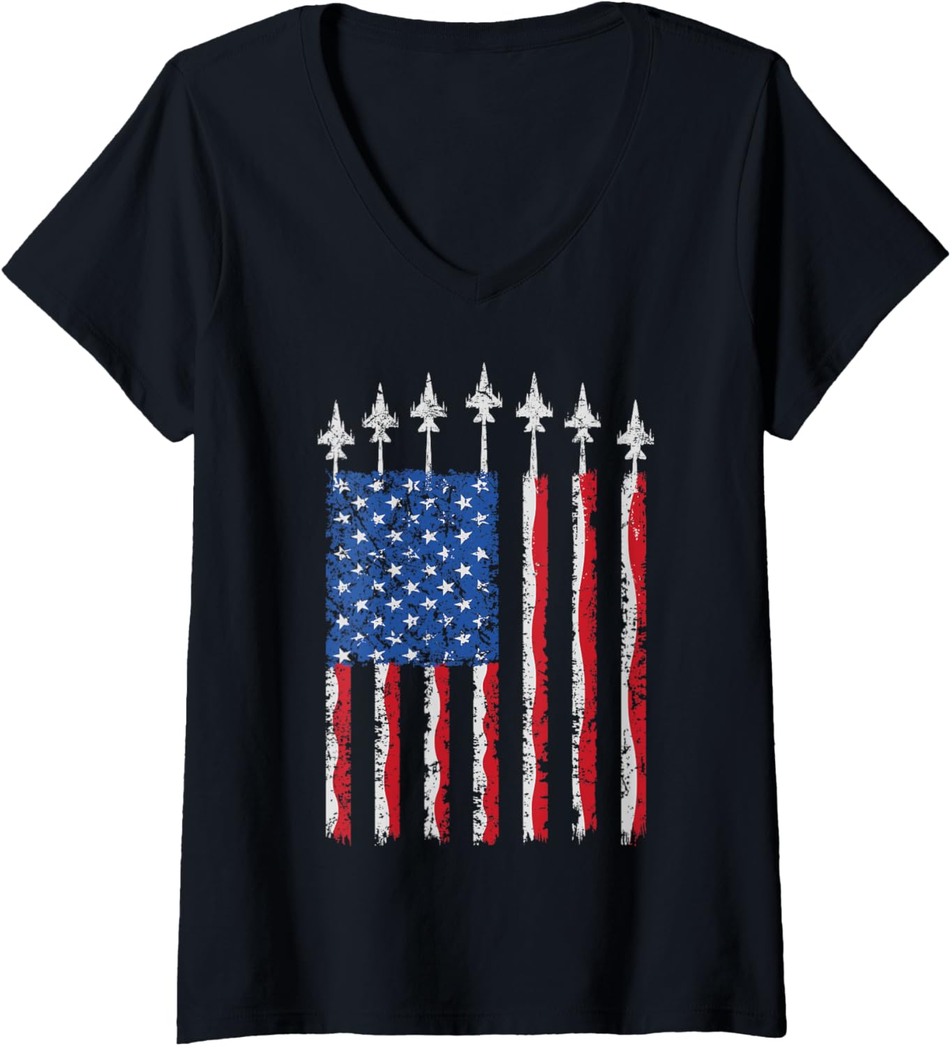 Womens Usa Flag Fighter Jet Airplane Patriotic Men Boys 4Th Of July V Neck