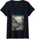 Womens Vintage Cherry Blossom Woodblock Japanese Mountain Scene V Neck
