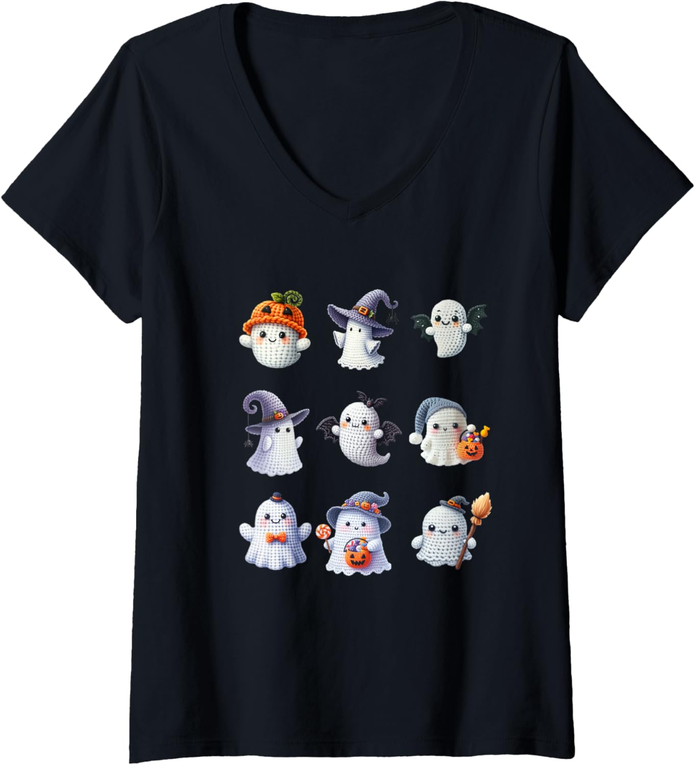Womens Halloween Crochet Lovers Cute Yarn Ghosts Knitter V-Neck