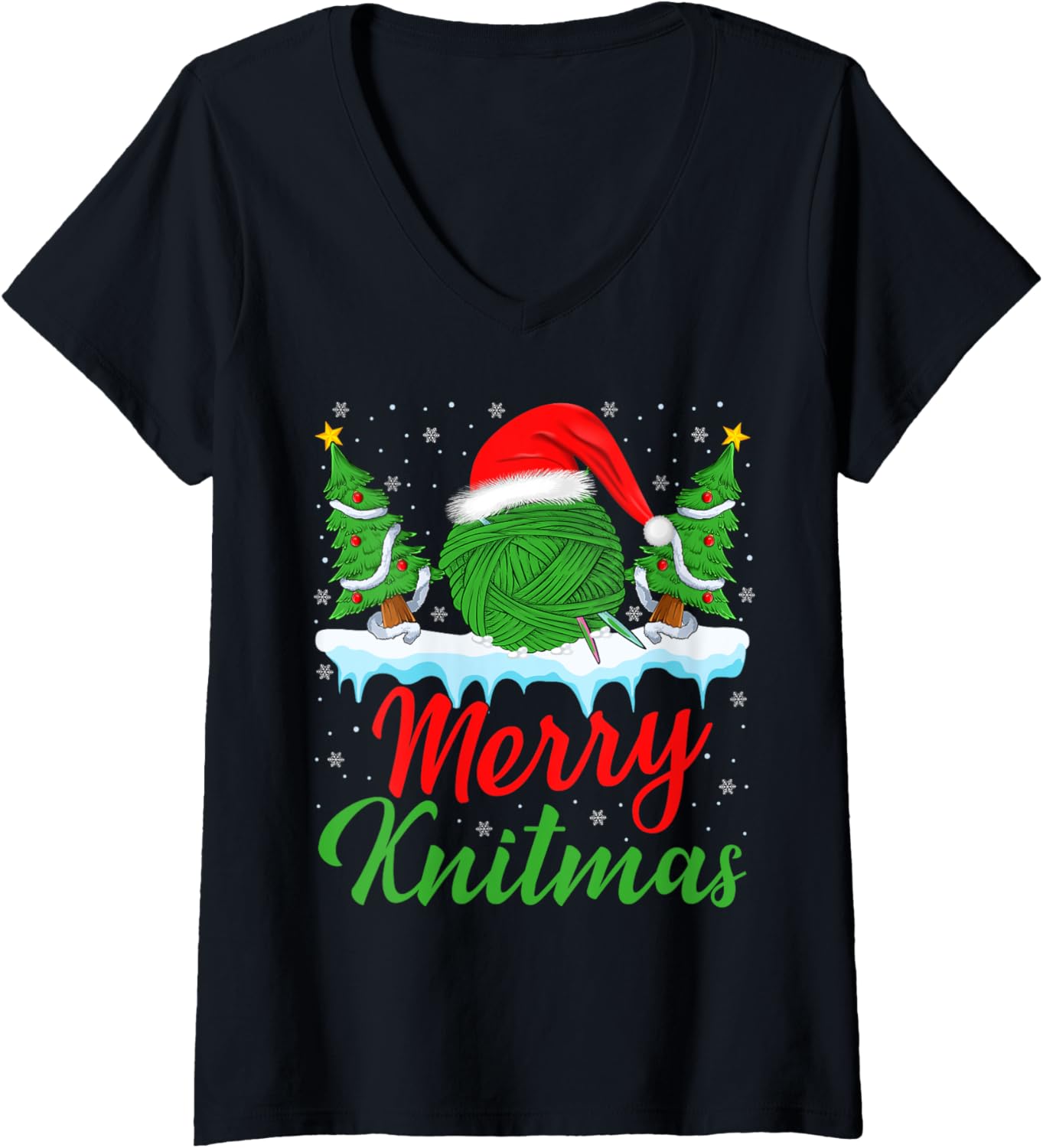 Womens Merry Knitmas Xmas Lighting Knitting Yarn Christmas Tree V-Neck