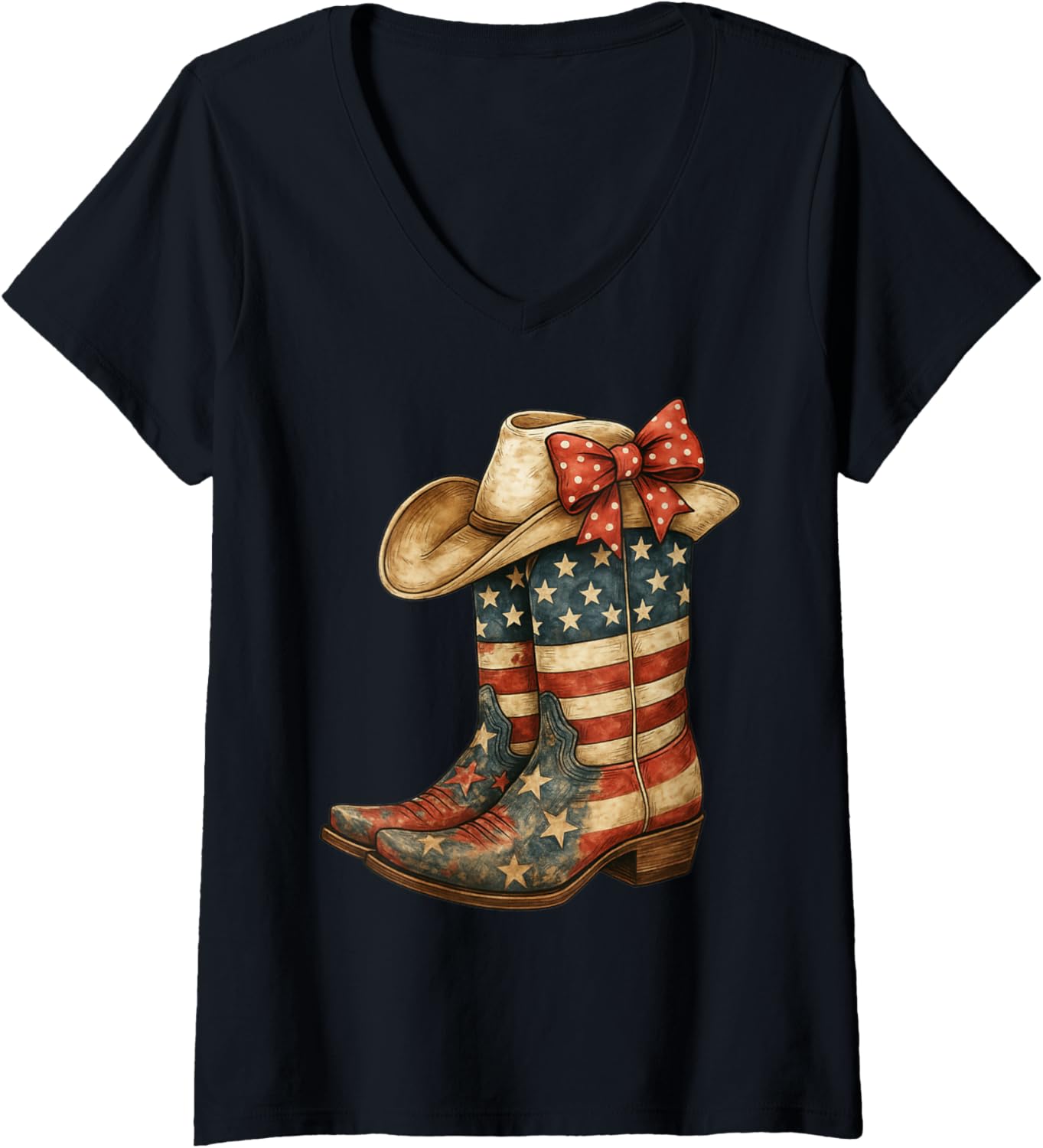 Womens Retro Western Cowboy Boots Cowgirl American Flag 4Th Of July V Neck