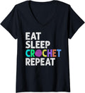 Womens Eat Sleep Crochet Repeat Yarn Crochrting Funny Crocheter V-Neck
