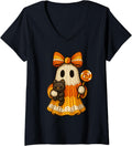 Womens Ghost Coquette Black Cat Knitting Crocheting Yarn Halloween V-Neck