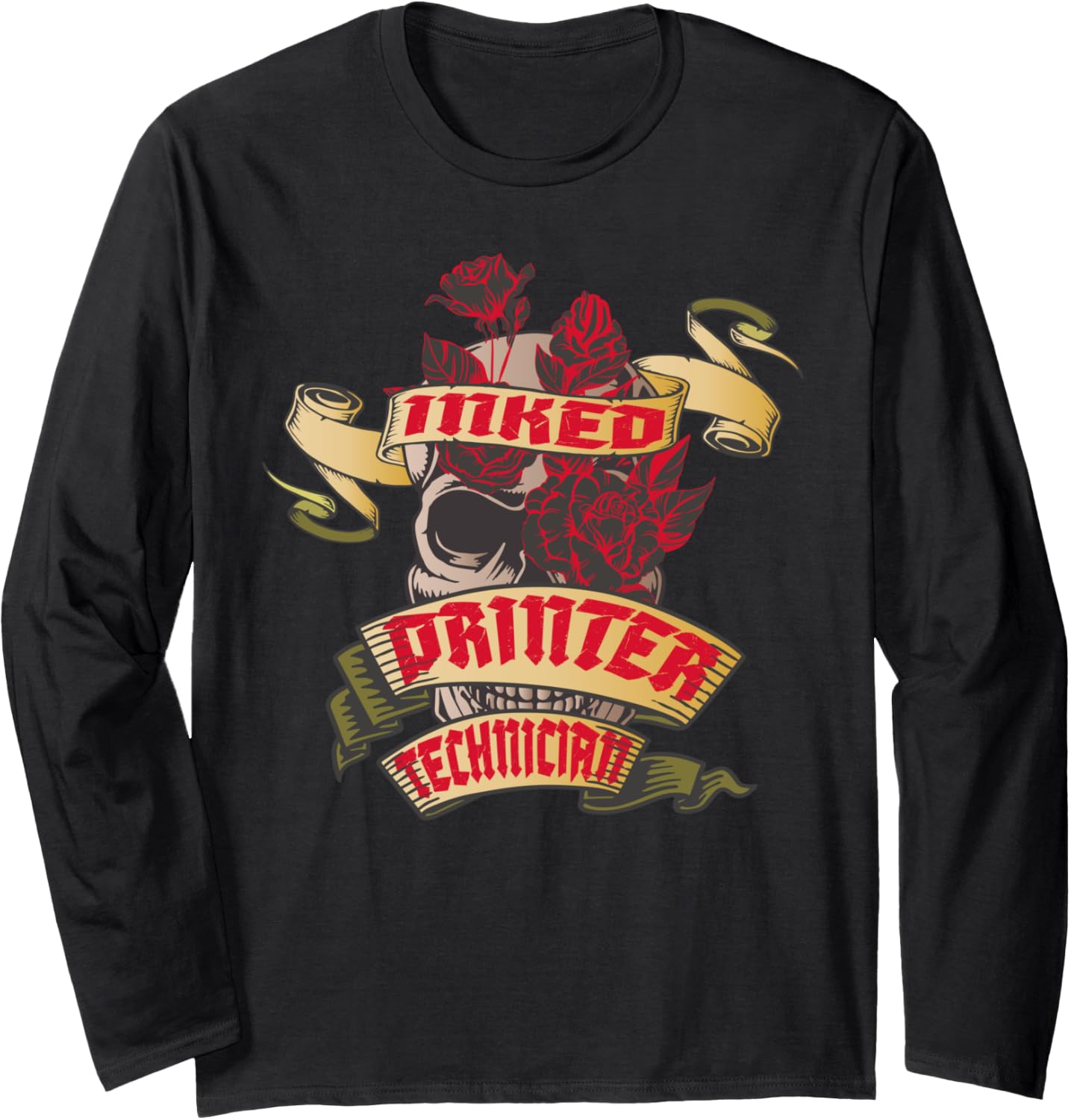 Printer Technician Inked Skull Red Roses Tattoo Long Sleeve