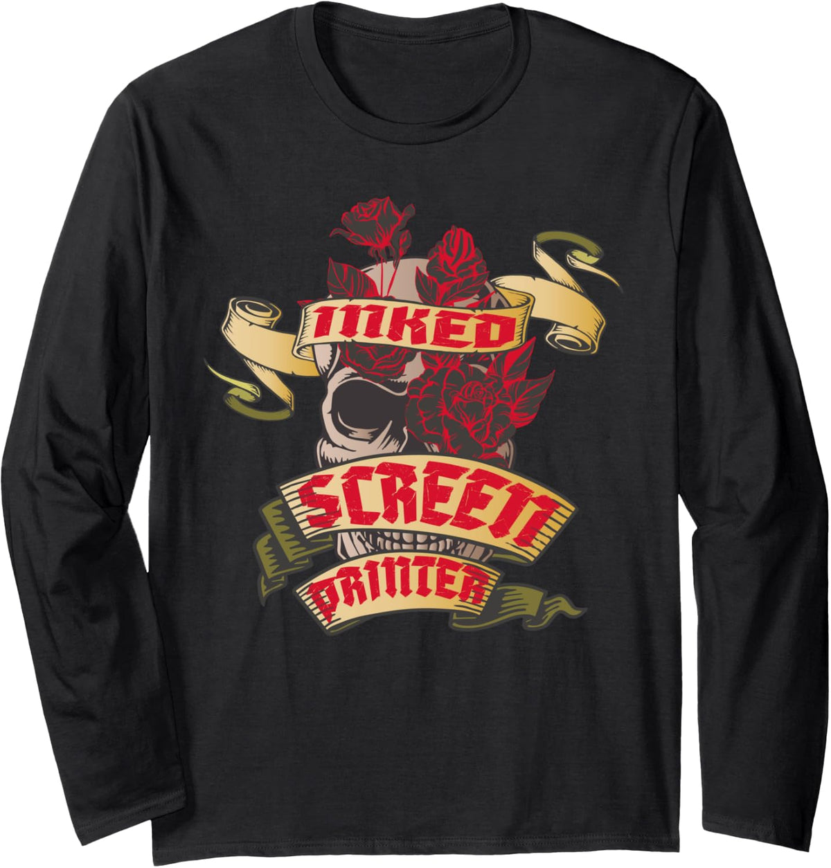 Screen Printer Inked Skull Red Roses Tattoo Long Sleeve