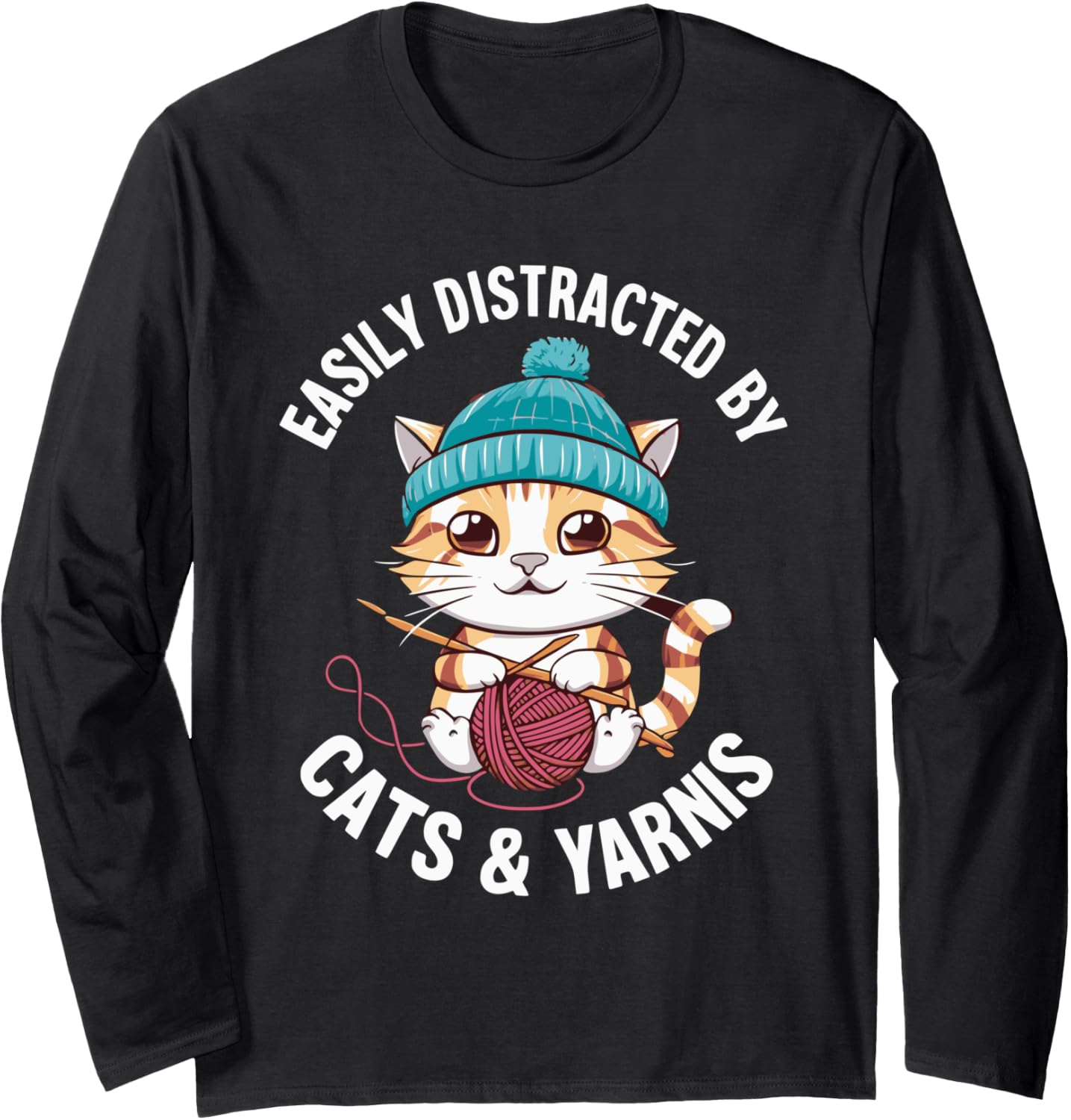Easily Distracted By Cats & Yarns Crafting Cat Long Sleeve