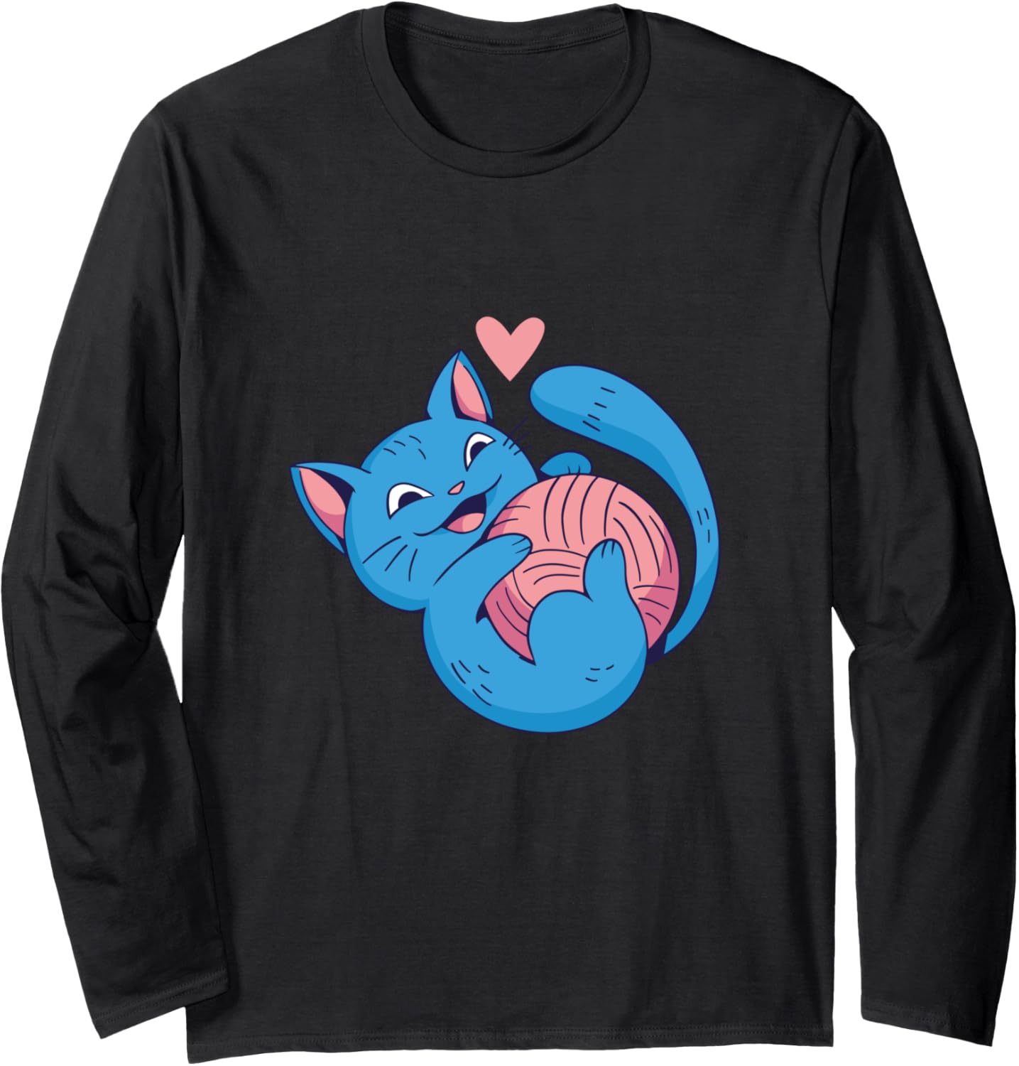 Blue Cat Cuddling With Yarn Heart Knitting Long Sleeve