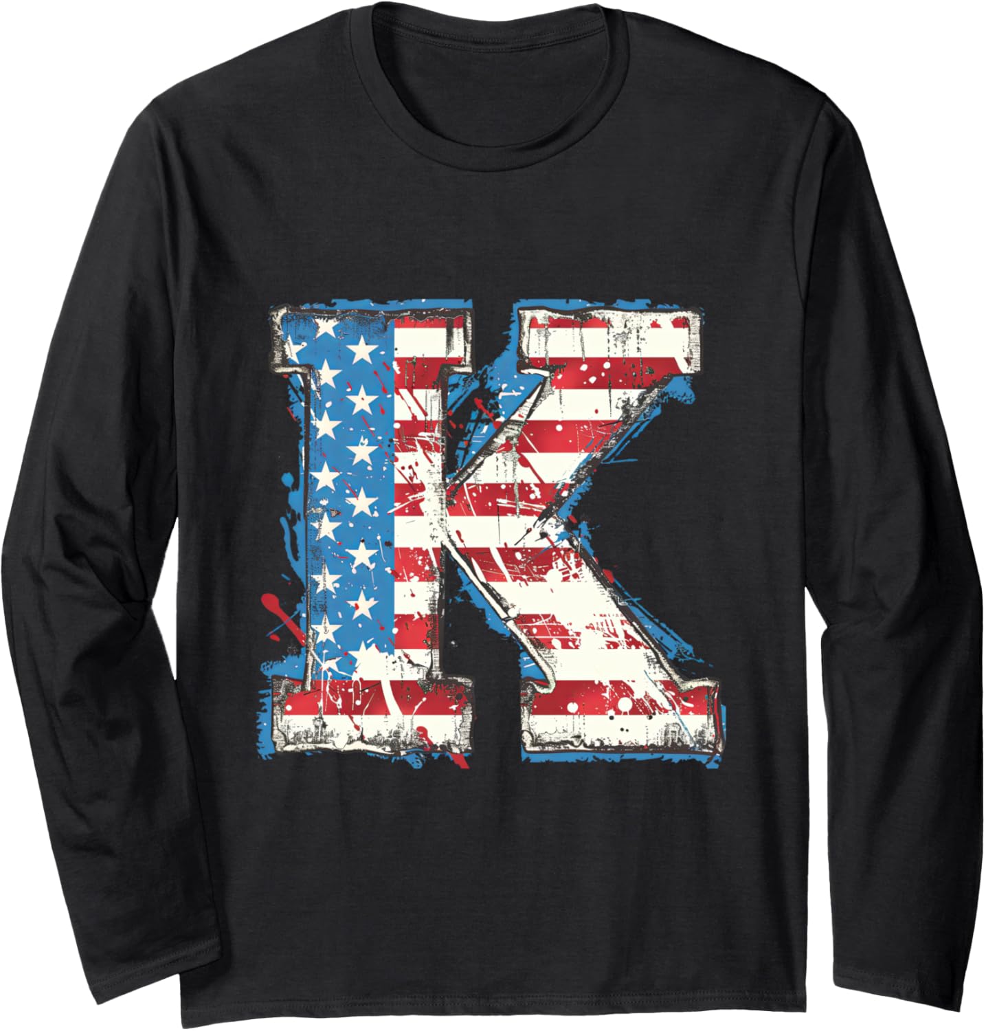 K Letter Initial Monogram Alphabet Patriotic American Flag K Long Sleeve