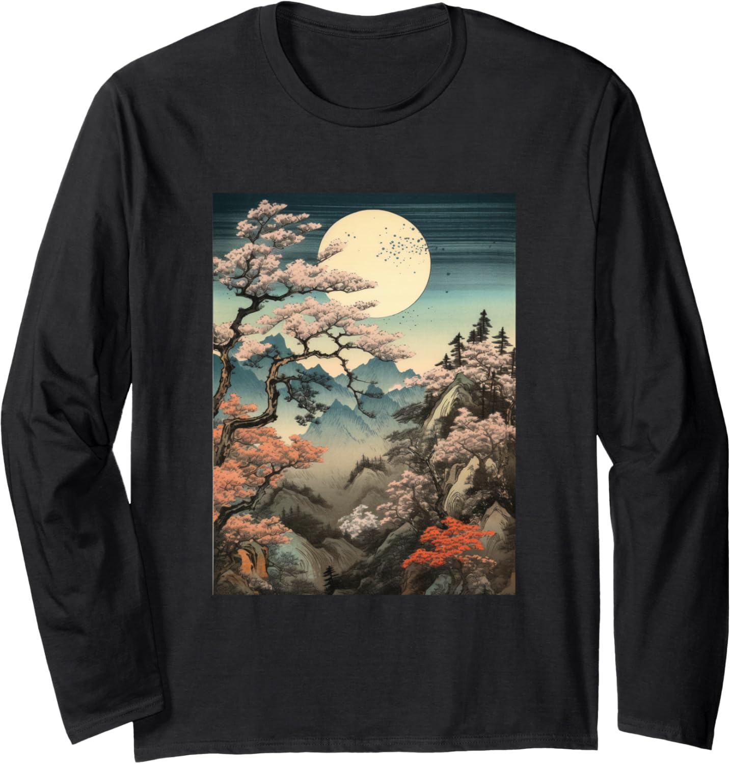 Night Time Cherry Blossom Woodblock Japanese Graphical Tee Long Sleeve