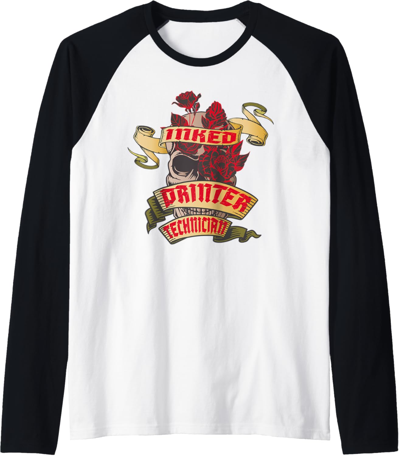 Printer Technician Inked Skull Red Roses Tattoo Raglan Baseball Tee