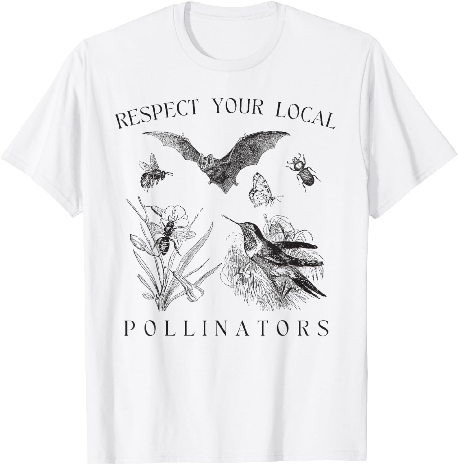 Eco Friendly Wildlife Conservation Apparel Respect Your Local Pollinators Vintage Bug Protect Nature Unisex Adults T Shirt White Small Classic Fit Short Sleeve Spring Summer