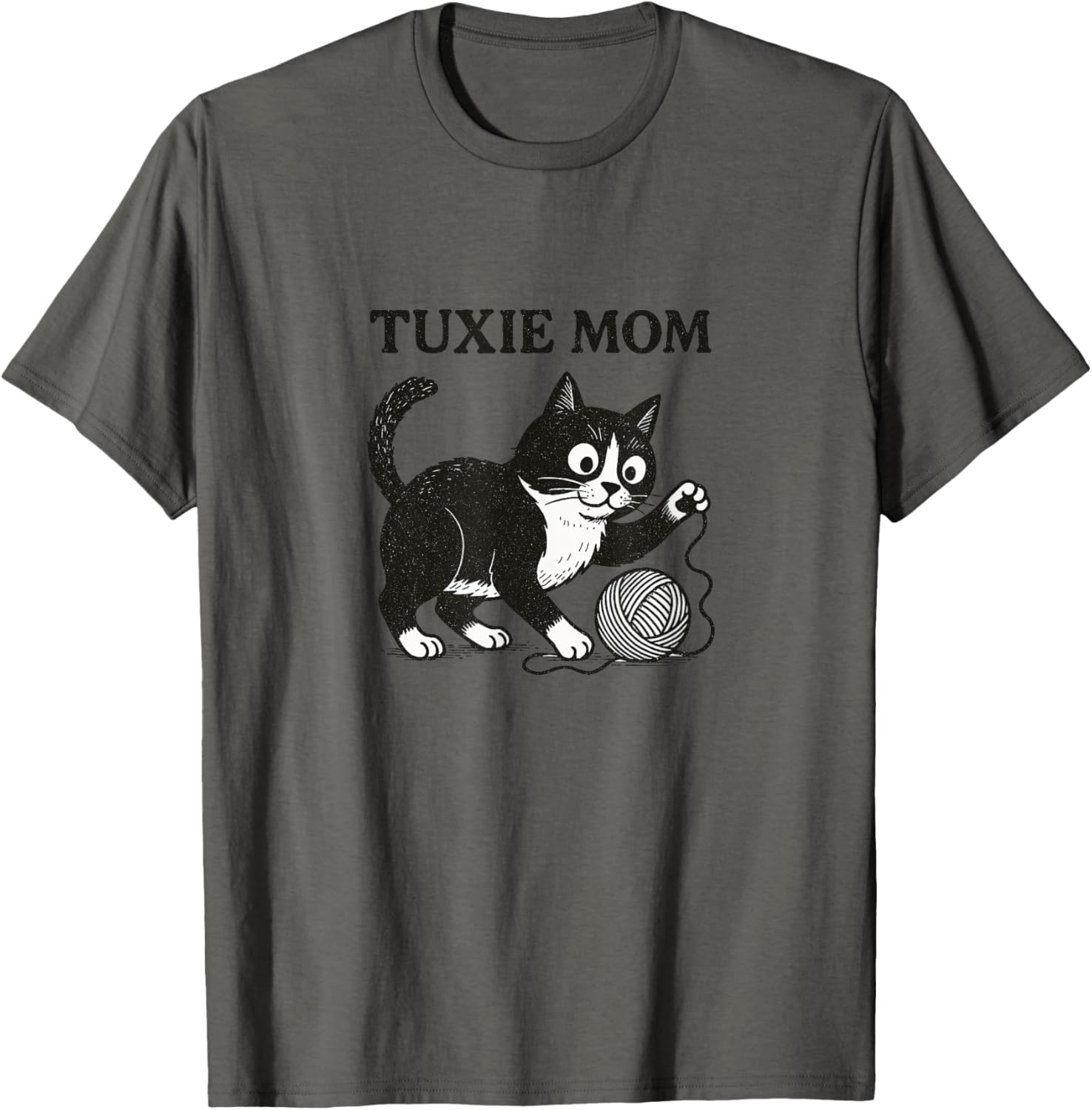 Tuxie Mom Club Black and White cat with Yarn