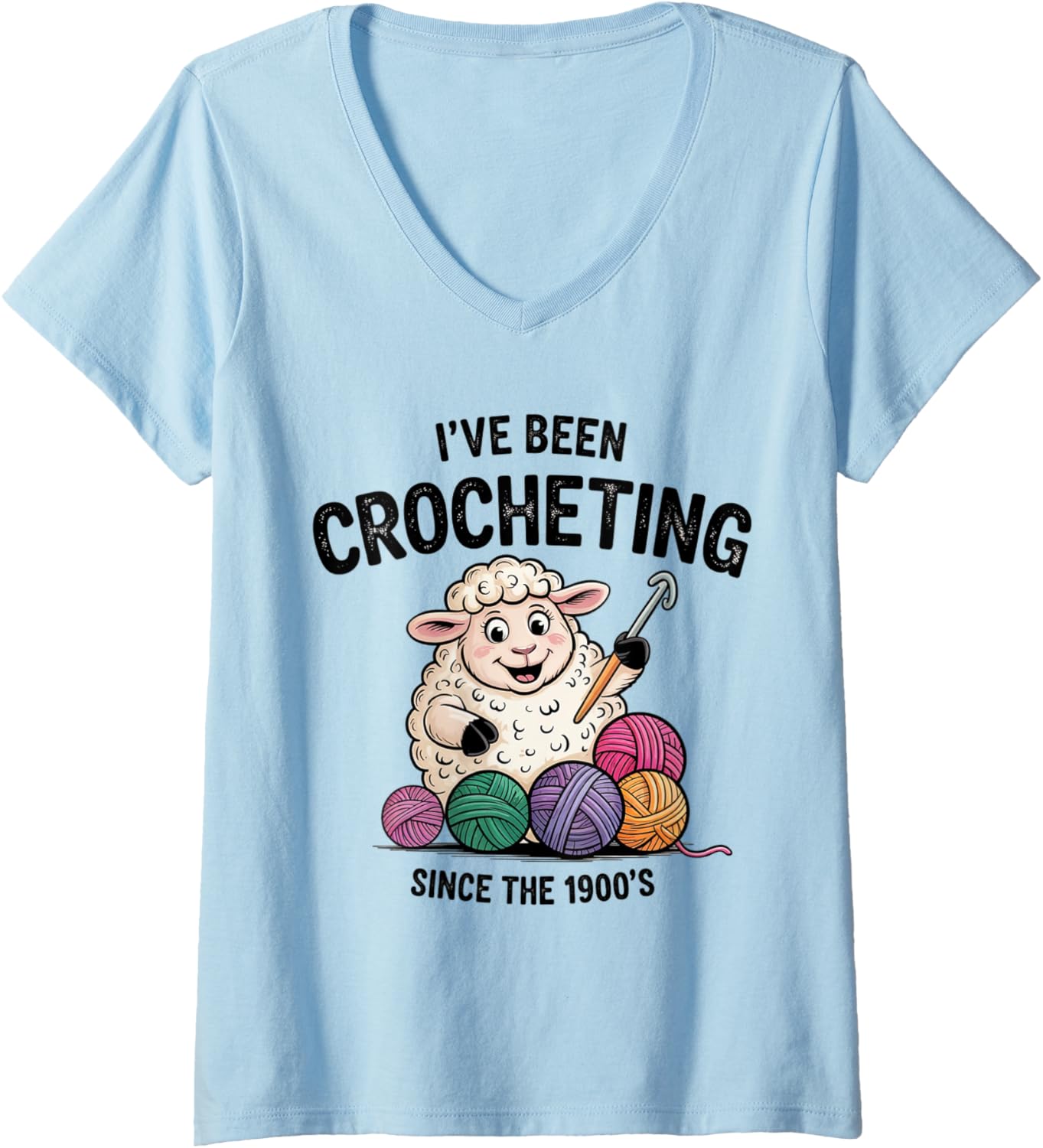 Womens I've Been Crocheting Since the 1900s Cute Sheep Yarn Craft V-Neck