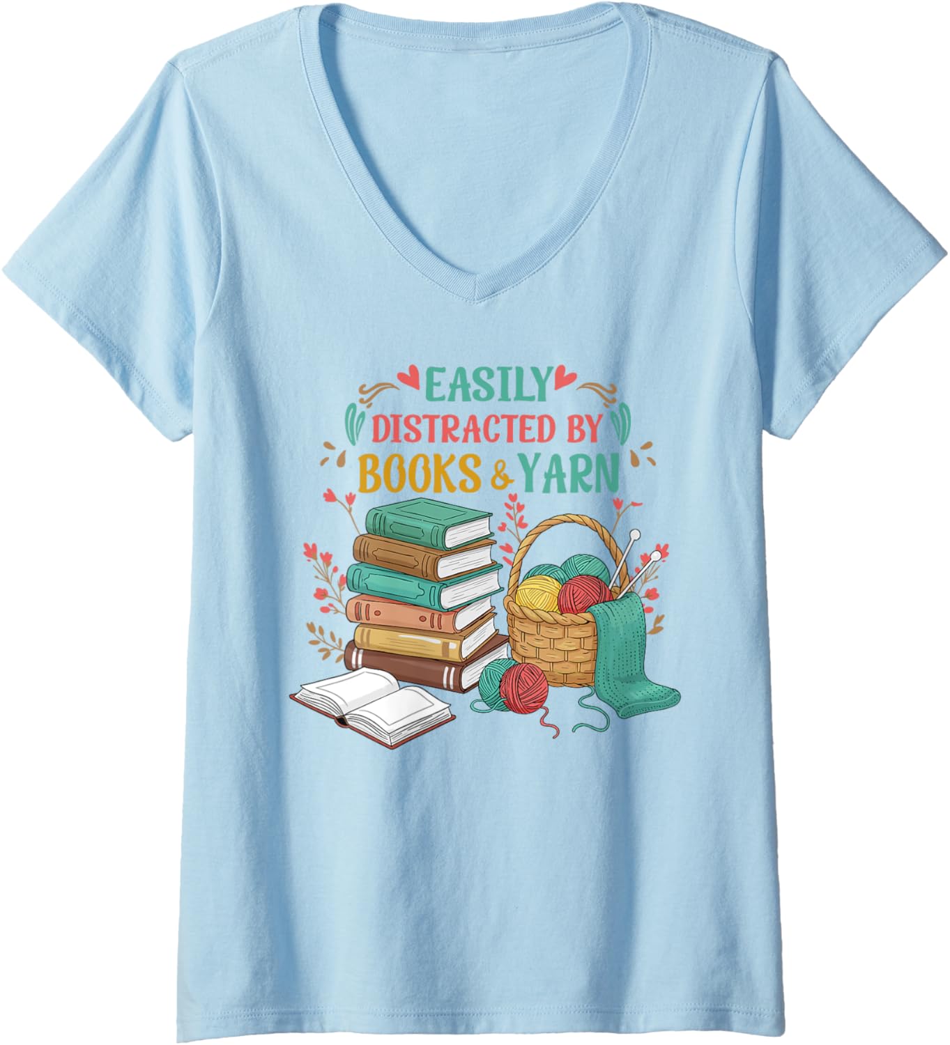 Womens Easily distracted by Books and yarn V-Neck