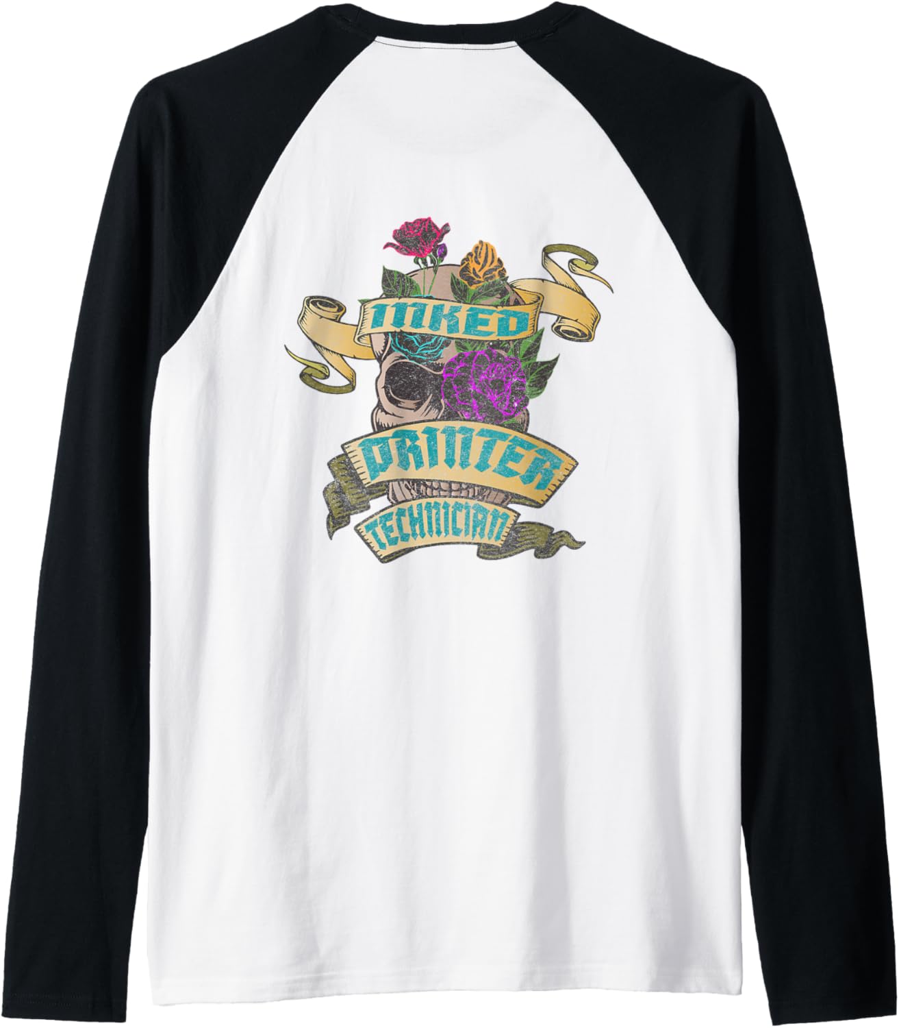 Printer Technician Inked Skull Tattoo Backside Design Raglan Baseball Tee