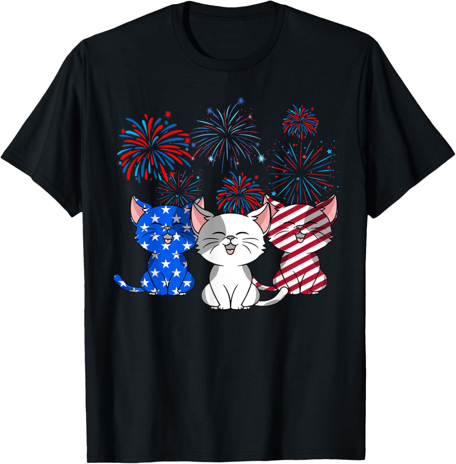Red White Blue Cats Usa Flag Firework 4Th Of July Shirt