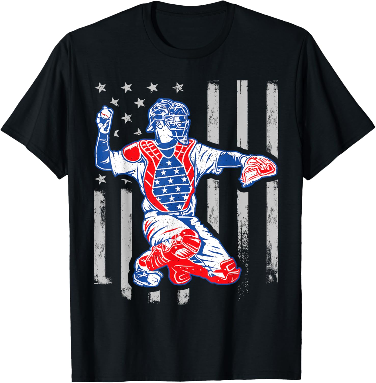 American Baseball Catcher Usa Vintage Flag 4Th Of July Boys