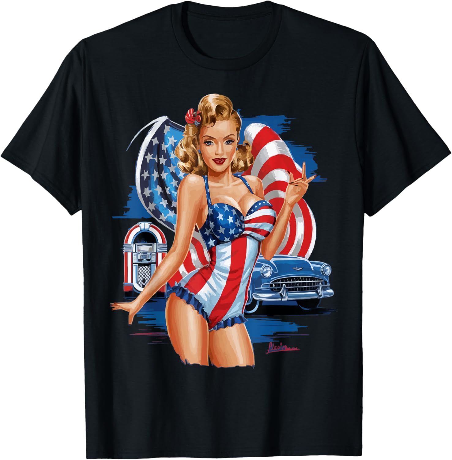 Patriotic Pin Up Girl With American Flags Vintage Usa Art