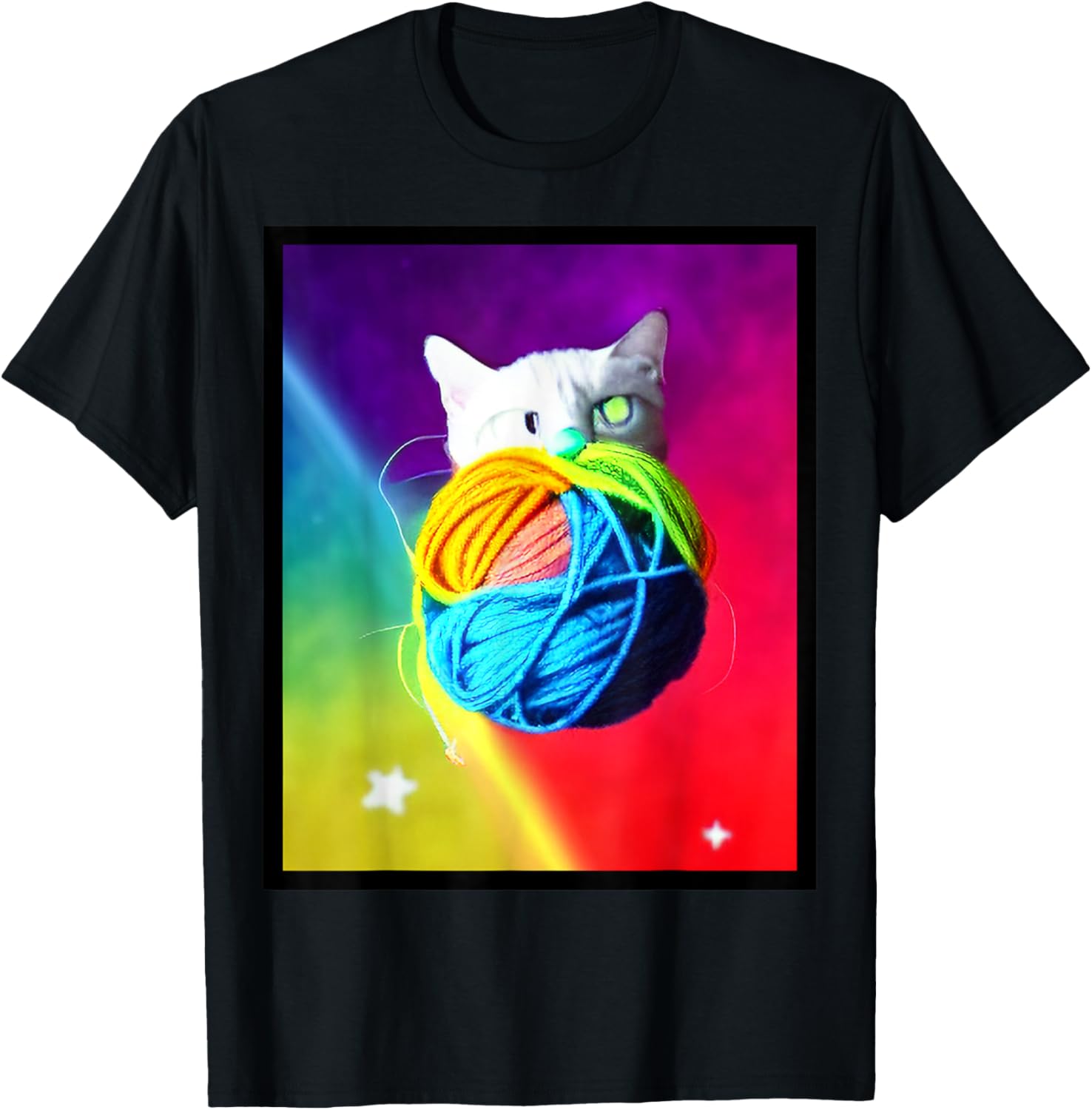 Cat in Space holding colorful yarn