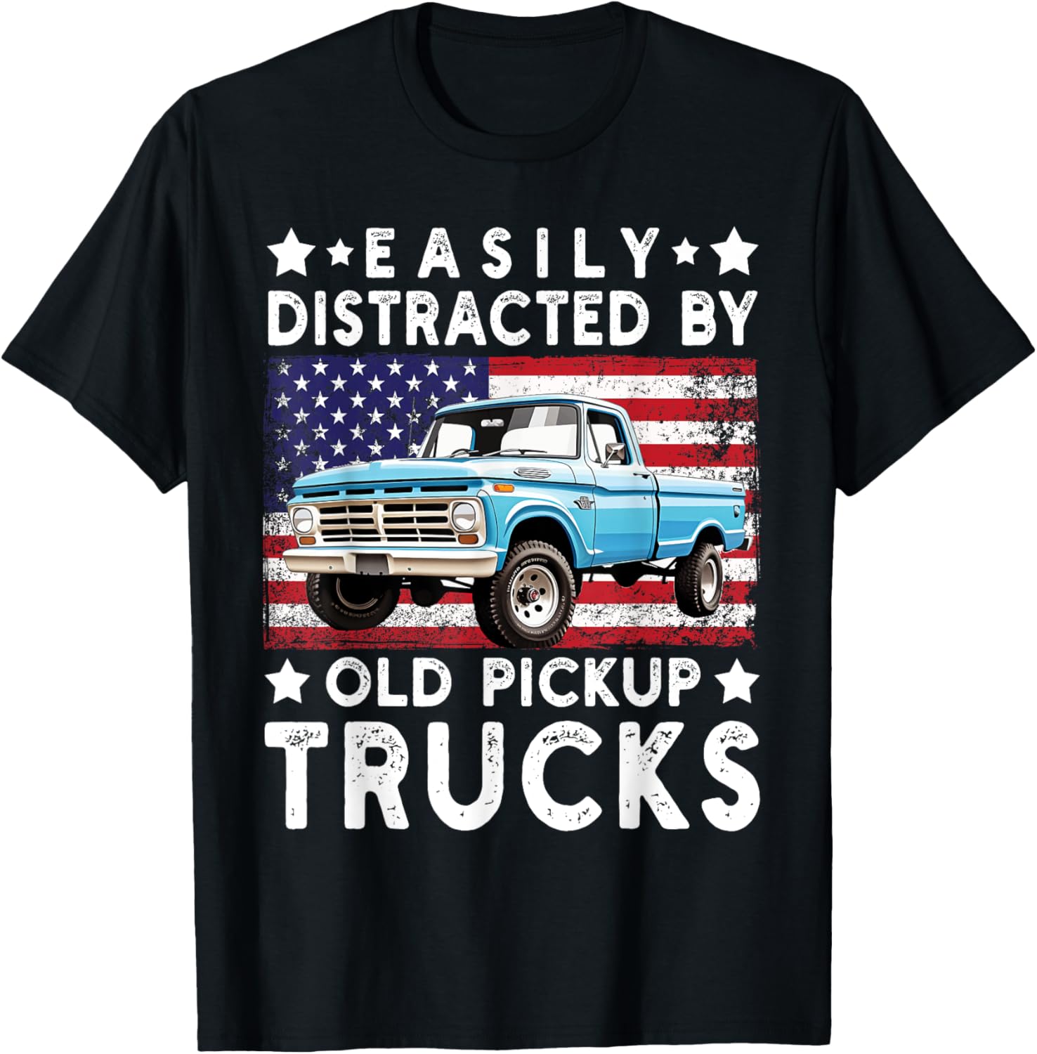 Easily Distracted By Old Pickup Trucks Usa Flag Trucker