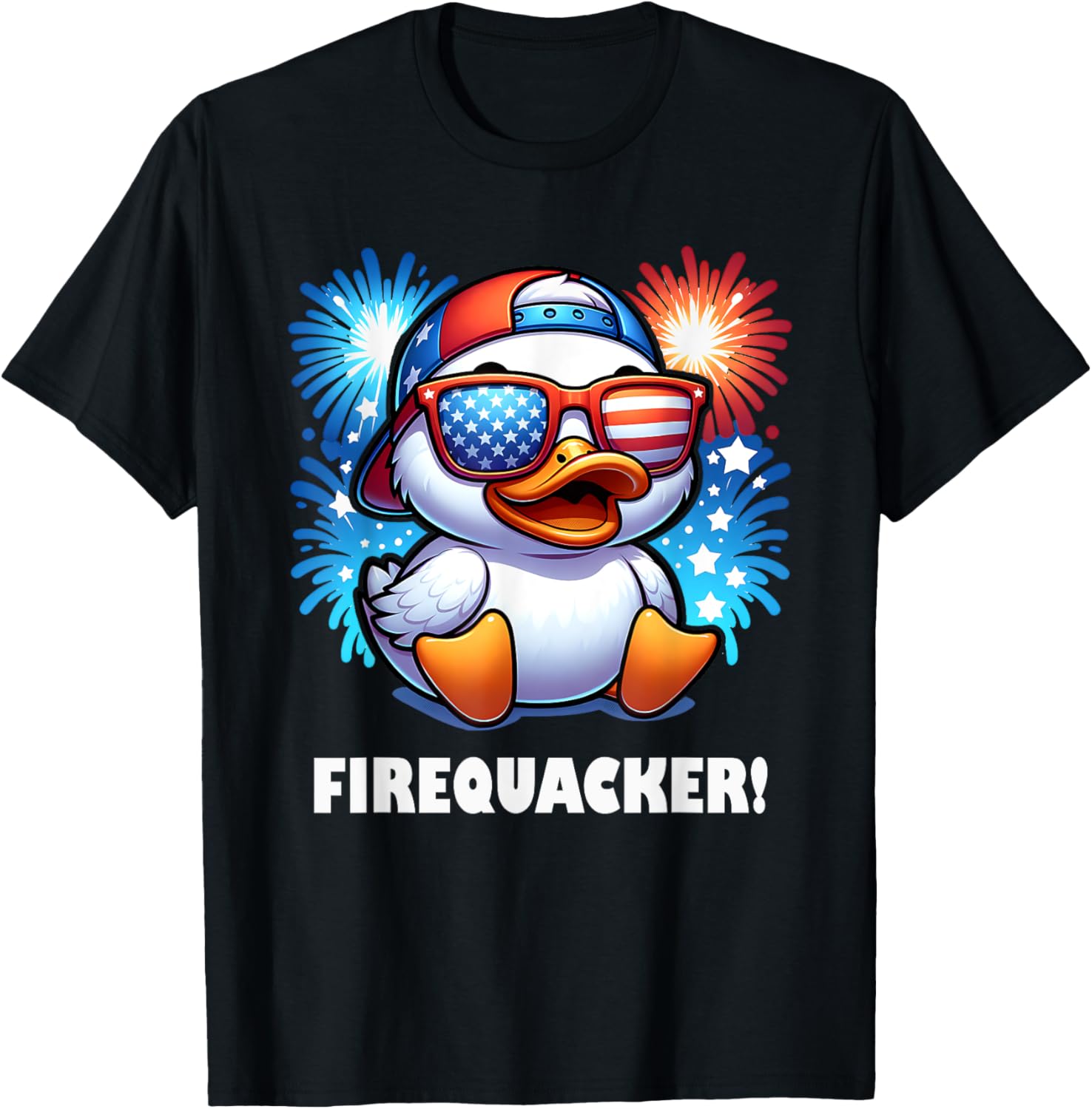 4Th Of July Firequacker Duck American Flag Fireworks Graphic