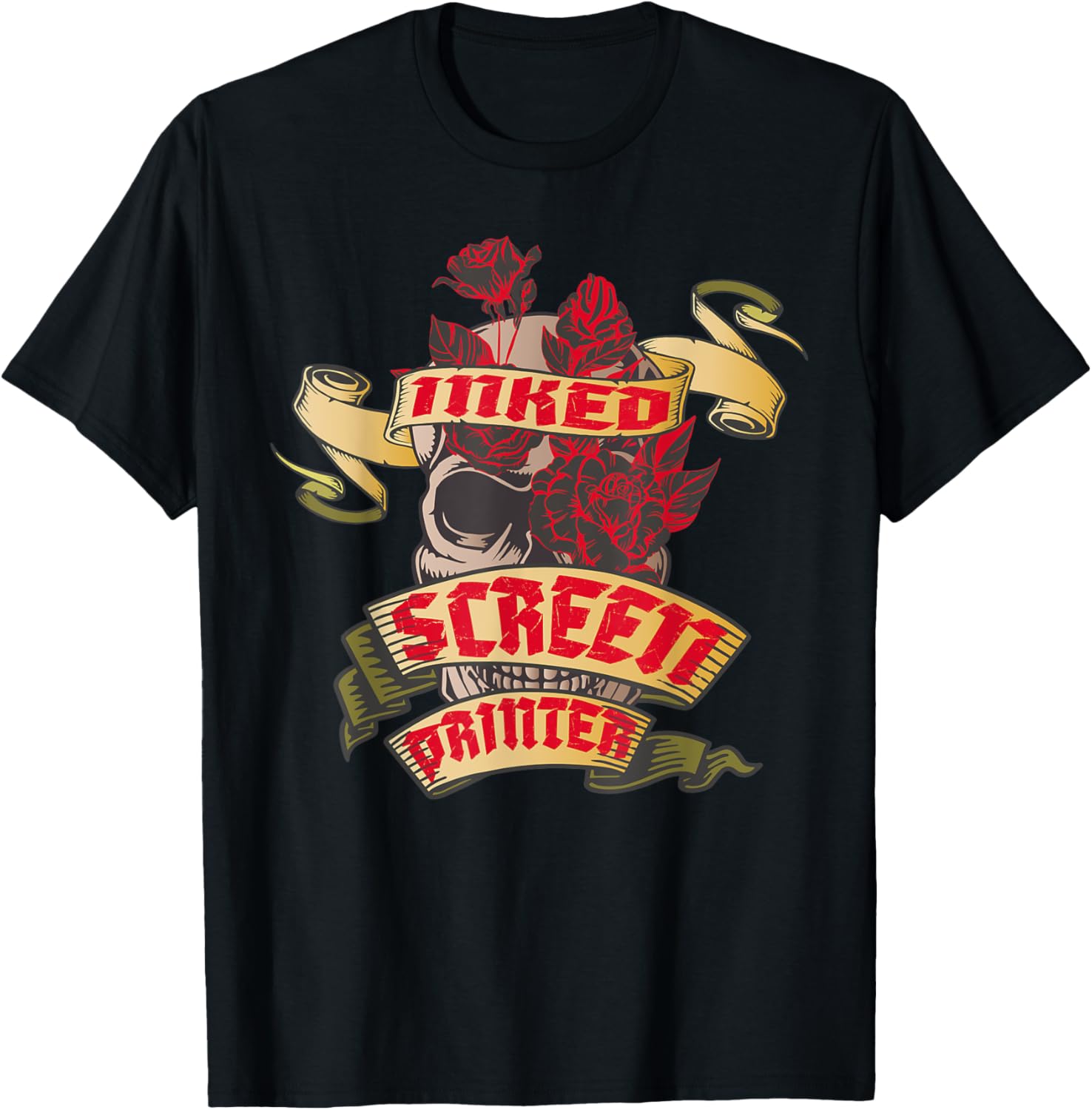 Screen Printer Inked Skull Red Roses Tattoo