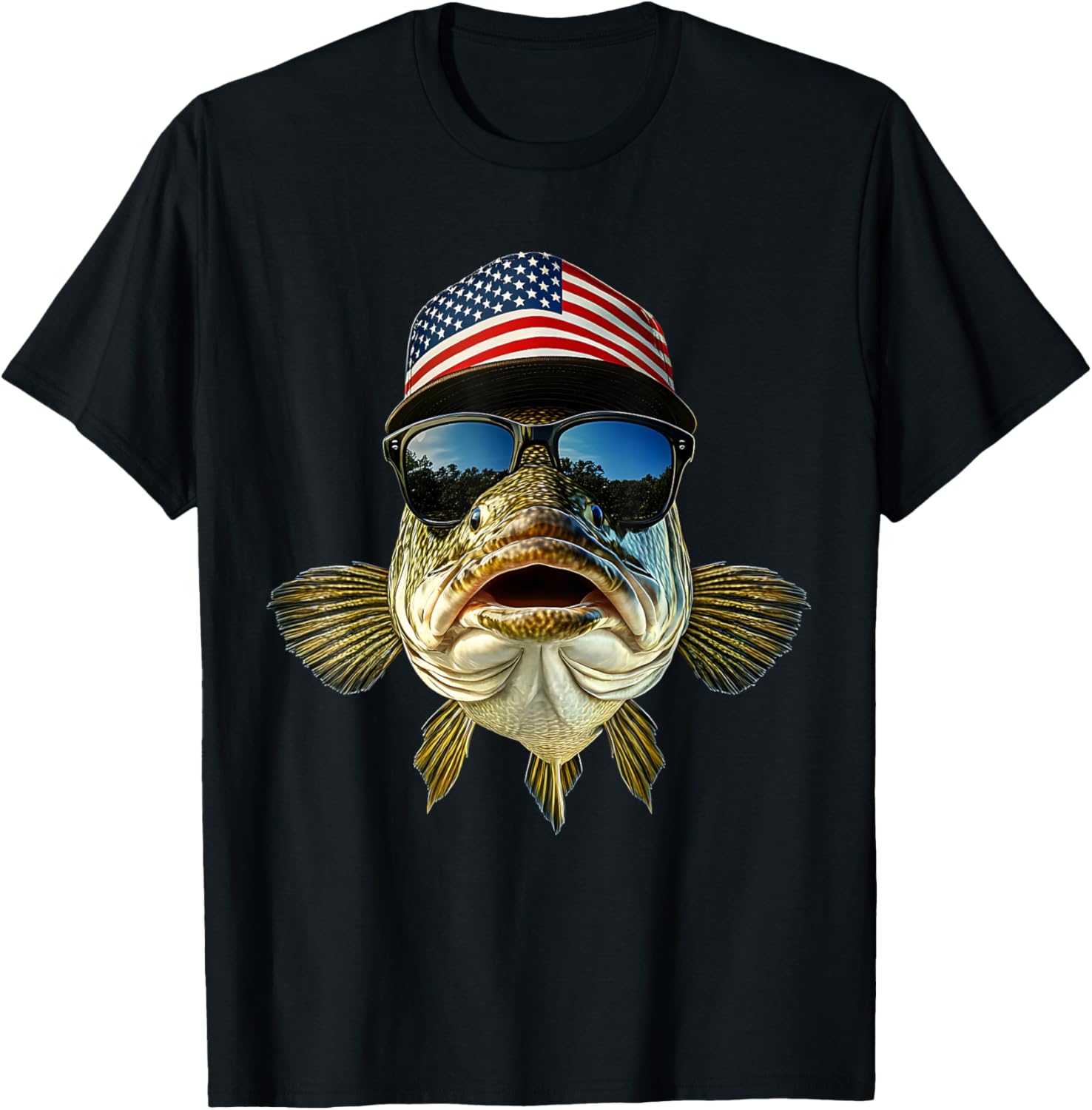 Bass Fishing Tee Usa Flag American Hat Sunglasses Fisherman