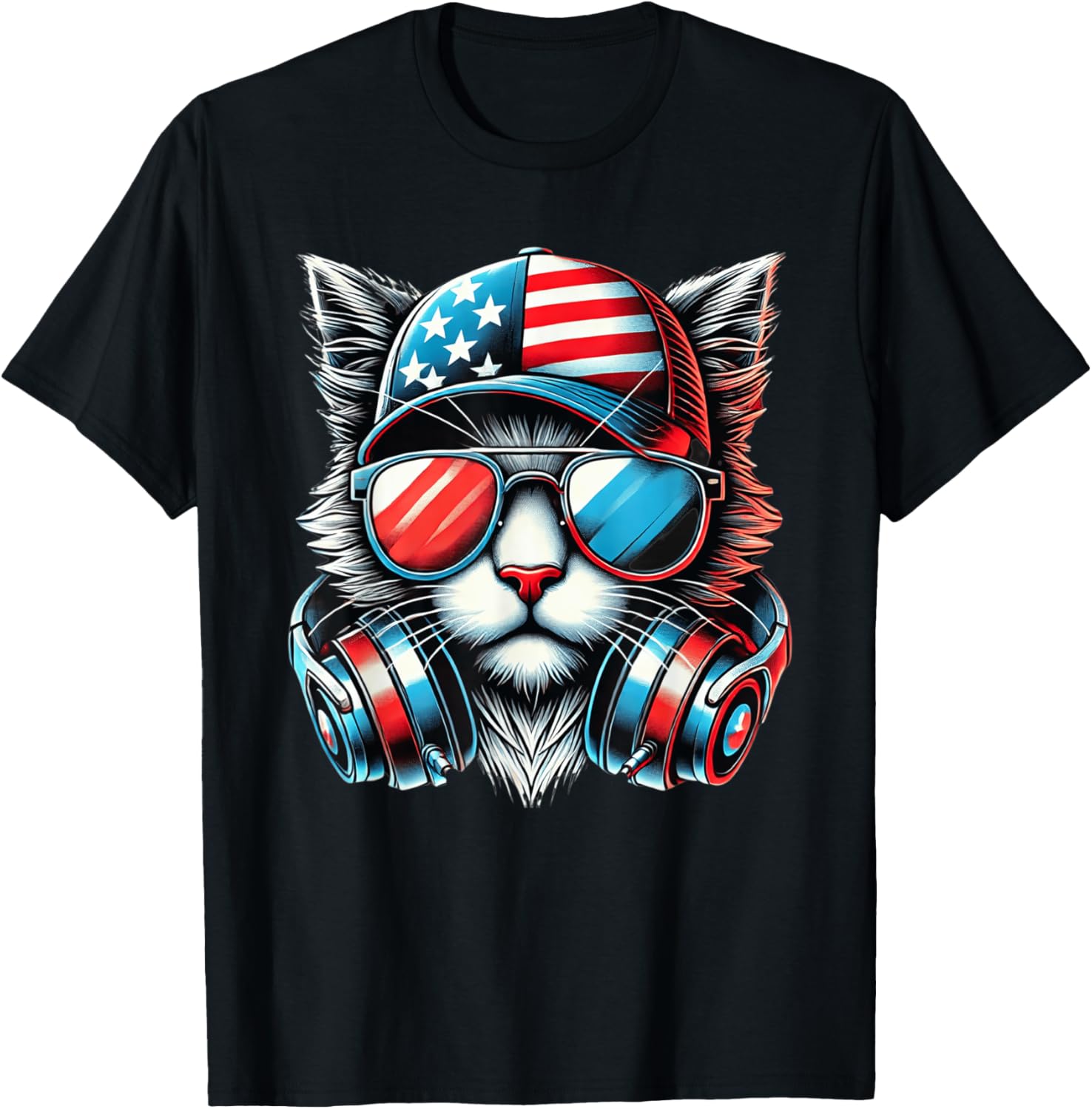 4Th Of July Cat Usa Flag Patriotic Funny Men Boys Kids Tee