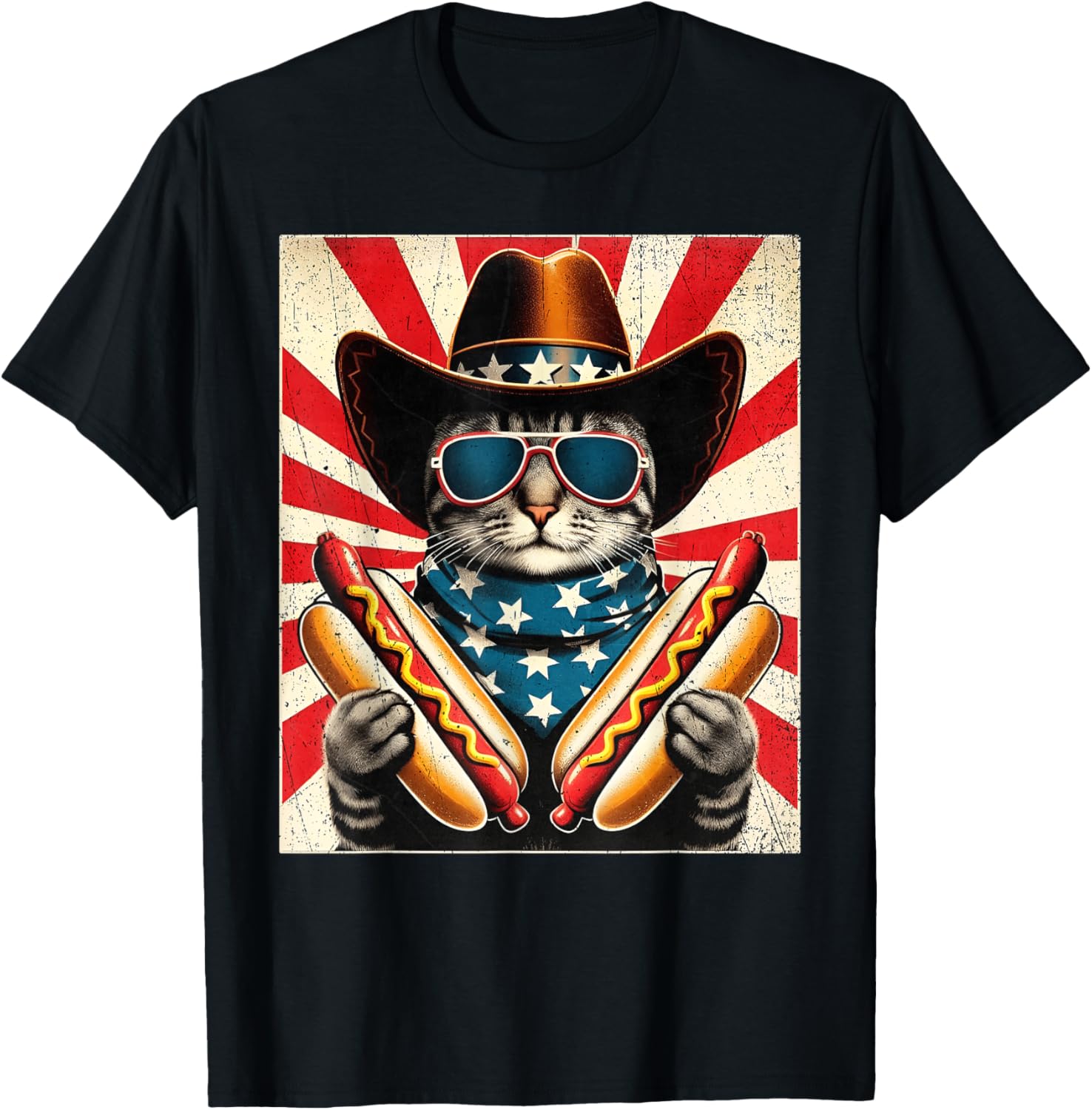 4Th Of July Hotdog Cat Funny Patriotic Cowboy Cat Usa Flag