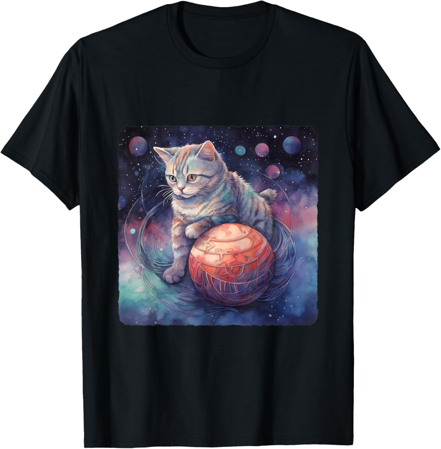 Cat With A Yarn Ball Planet. Feline, Celestial T-Shirt for Men Women Kids