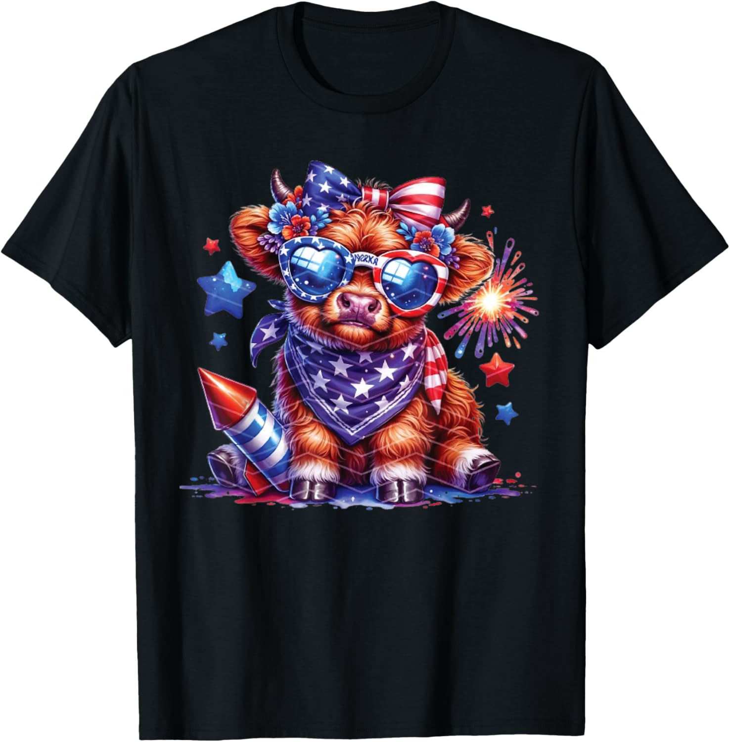 Cute Highland Cow Florals 4Th Of July Usa Flag Patriotic Cow